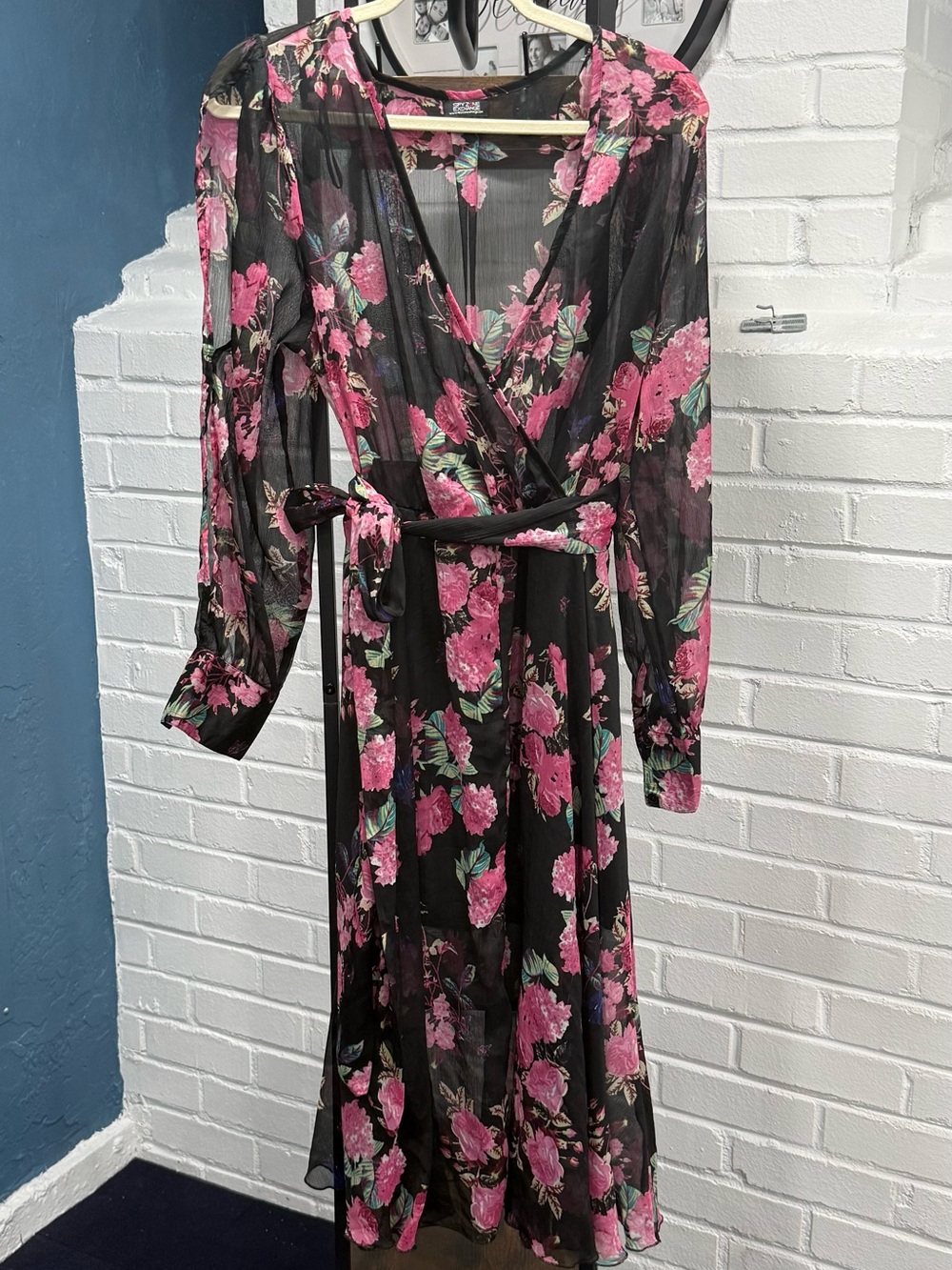 Black Sheer Floral Wrap Dress with Pink Roses